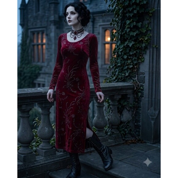 XOXO Dresses & Skirts - XOXO Vtg Jersey Dark Red Black Stones L Whimsigoth Dress Long Sleeve Victorian